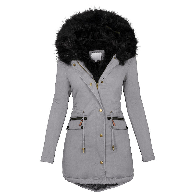 Women's Plush Hooded Parkas Winter Warm Thick Zip-up Jackets Casual Mid-length Solid Buckle Pockets Coat Outerwear Clothing